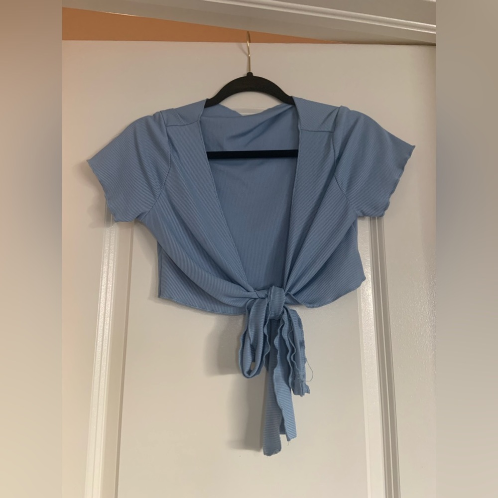 Baby Blue Tie Front Cropped Top